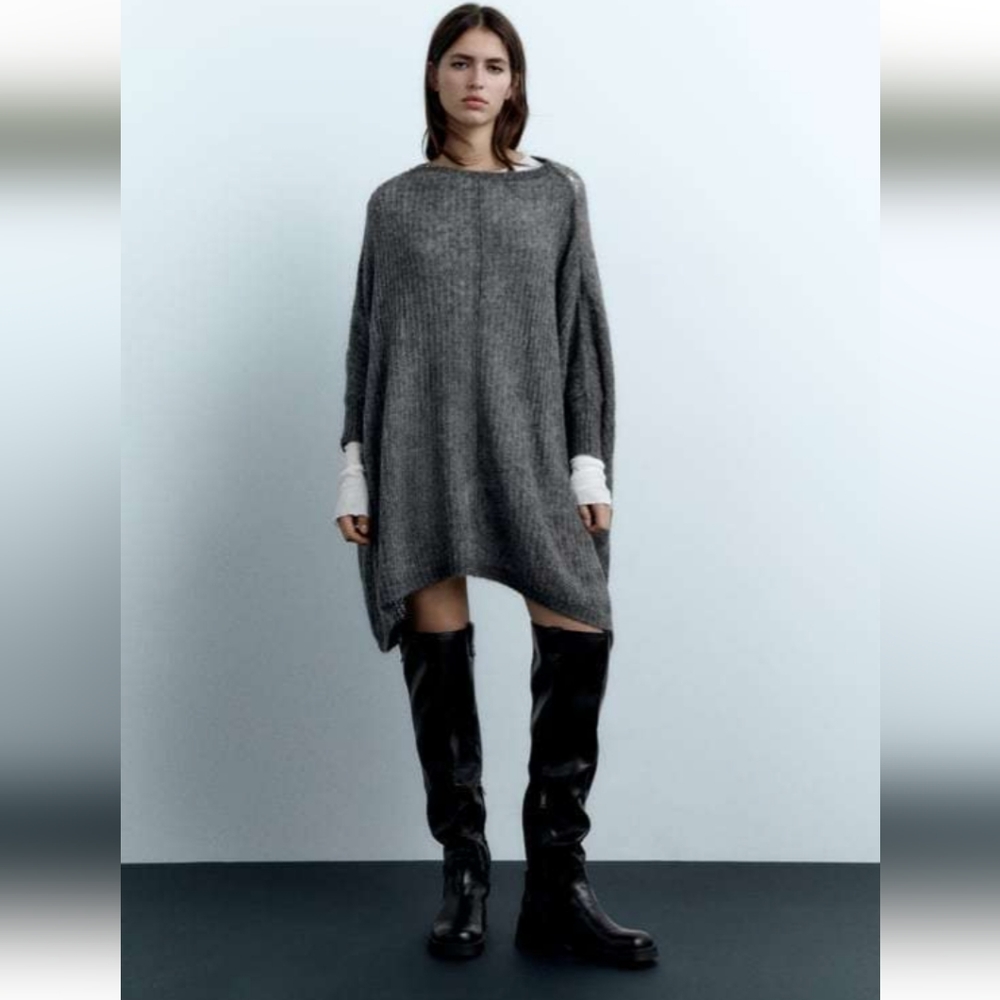Zara Open Knit Cape Sweater Long Tunic Grey size M 2756/107